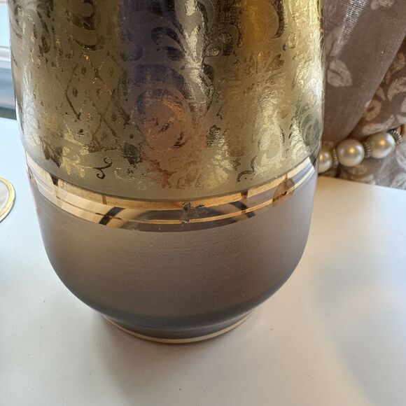 7 Pc. Vtg Bohemian Crystal Frost Amber Glass Gold Embossed Decanter Set Stemware - Picture 7 of 15